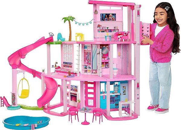 Casa de bonecas miniatura para crianças, casa grande Barbie, cama