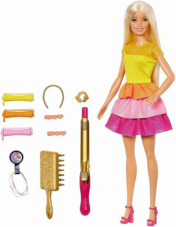 Boneca Barbie - Brincando Com Cabelo Modeladora De Cachos - Loira Com Acessórios