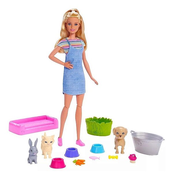 Boneca Barbie Banho Dos Pets Playset + 3 Bichinhos com Acessórios