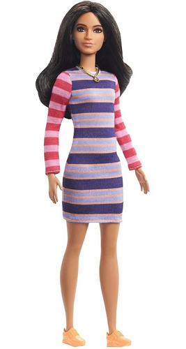 Barbie Fashionistas 147 Morena Cabelo Longo Vestido Listrado