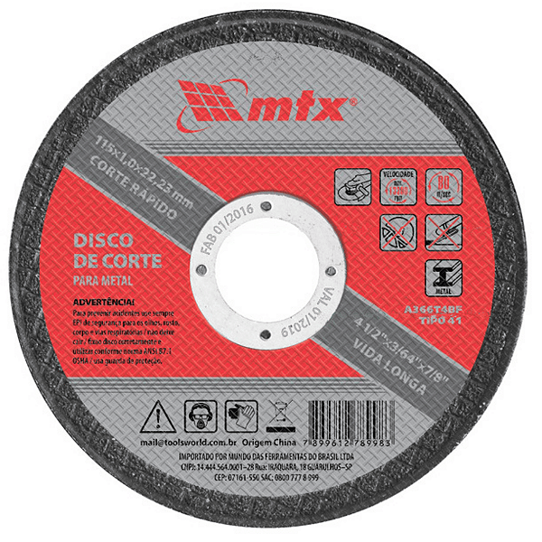 DISCO DE CORTE PARA METAL, 180 X 1,6 X 22MM //MTX
