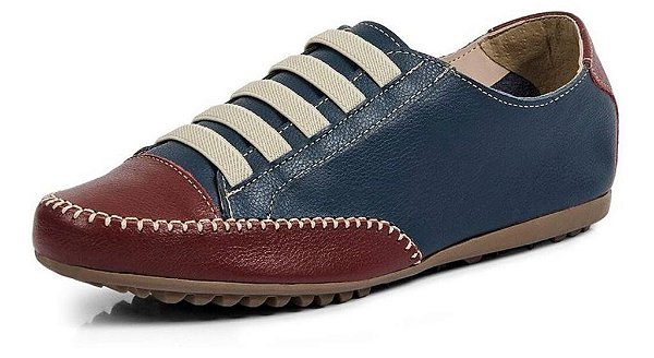 SAPATÊNIS FEMININO EM COURO LEGÍTIMO AZUL MARINHO COM VERMELHO