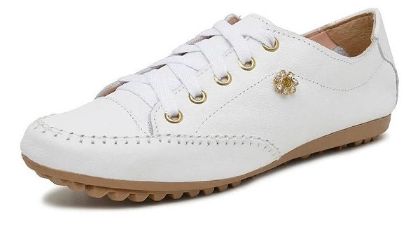 SAPATÊNIS FEMININO EM COURO LEGÍTIMO BRANCO COM BROCHE