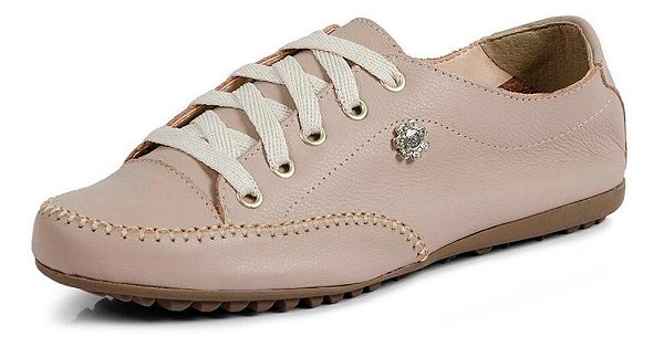 SAPATÊNIS FEMININO EM COURO LEGÍTIMO NUDE COM BROCHE
