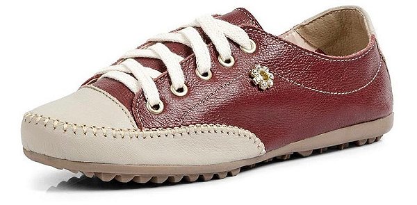 SAPATÊNIS FEMININO EM COURO LEGÍTIMO VERMELHO COM BEGE