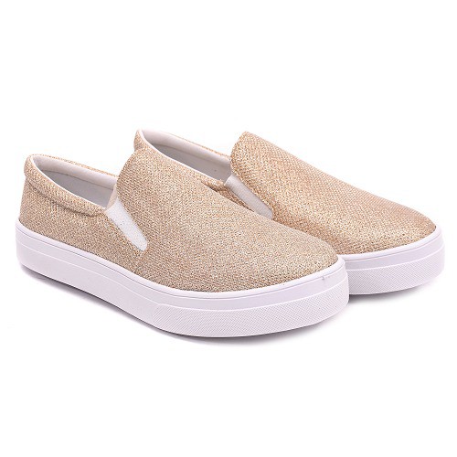 TÊNIS SLIP ON FEMININO TECIDO BRILHO -  NUDE