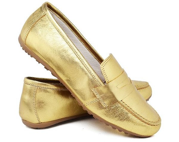 MOCASSIM FEMININO COMFORT DE COURO DOURADO