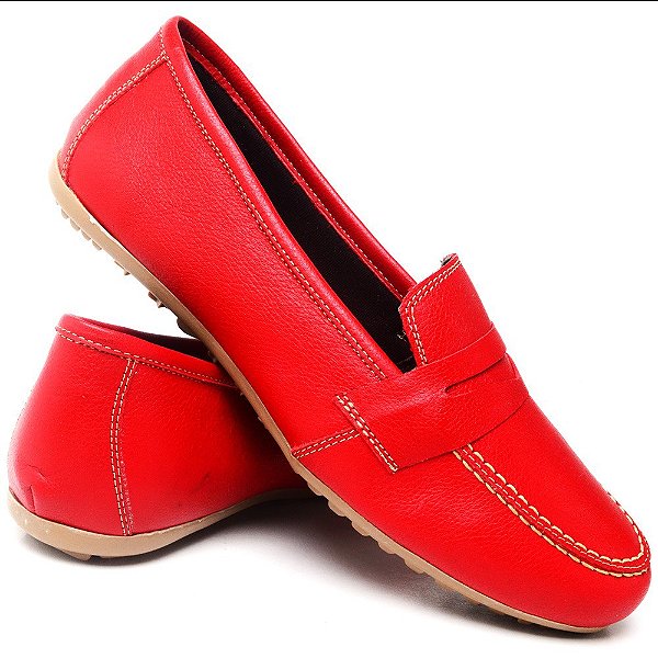 MOCASSIM FEMININO COMFORT DE COURO VERMELHO