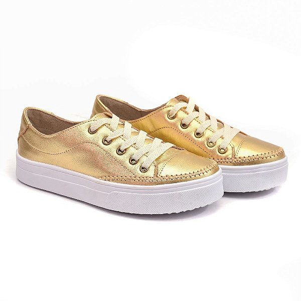 TÊNIS FEMININO EM COURO LEGÍTIMO DOURADO AJUSTE CADARÇO