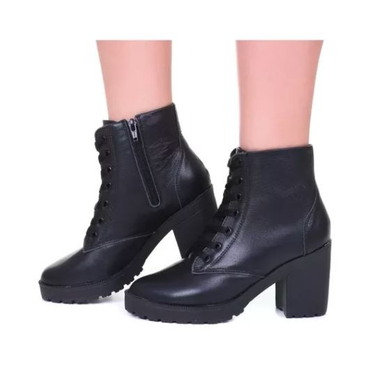 Coturno Feminino de Couro Legítimo Salto Alto Preto