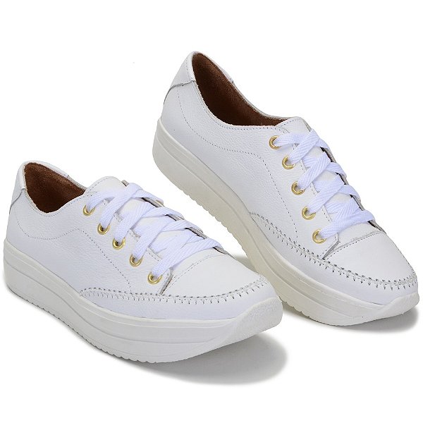 TÊNIS FEMININO SOLA ALTA BRANCO PLATAFORMA EM COURO LEGÍTIMO