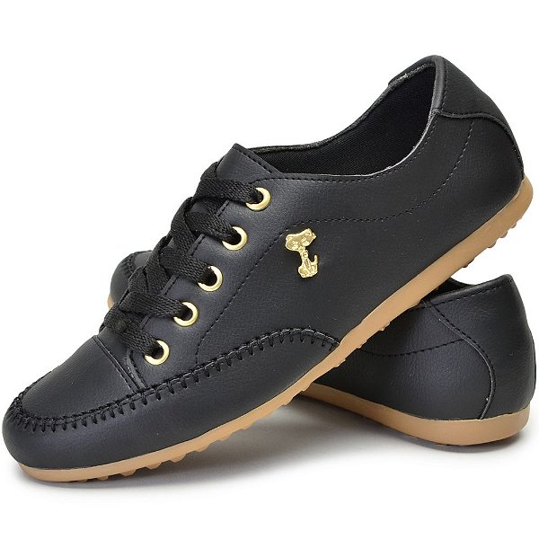 Sapatênis Feminino Preto Casual com Broche Gato
