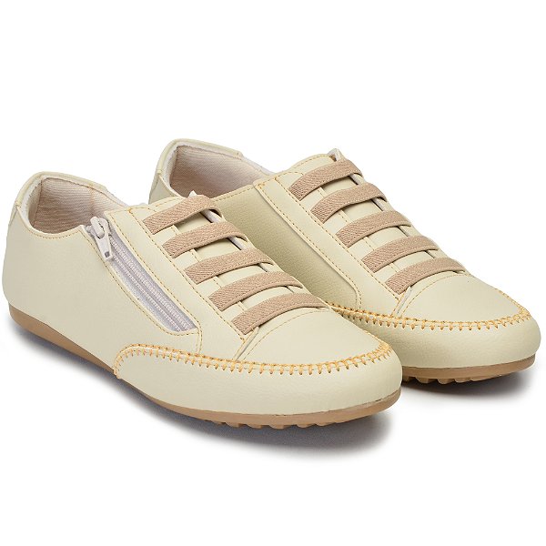 Sapatênis Feminino Bege Casual Comfort- Zíper Lateral
