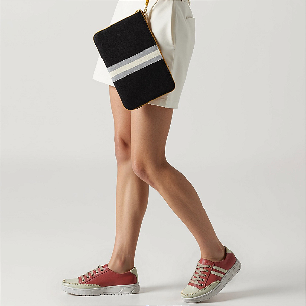 TÊNIS FEMININO CASUAL COURO ROSA COM LISTRA OFF WHITE