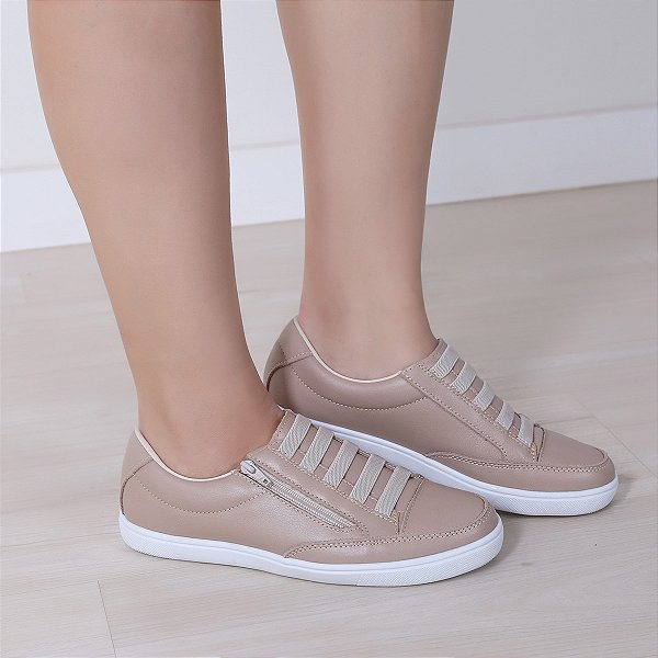 Tênis Feminino Nude em Couro Leve e Confortável com zíper