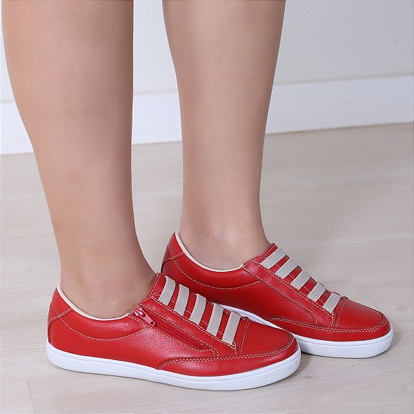 Tênis Feminino Vermelho em Couro Leve e Confortável com zíper