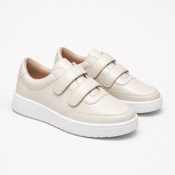 Tênis Feminino Off White Bege Com Fecho Colante Calce Fácil