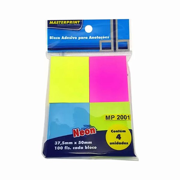 Bloco Post It Anotações 37x50mm 4 Cores Neon 100 folhas cada, Lembrete, Tag Papelaria
