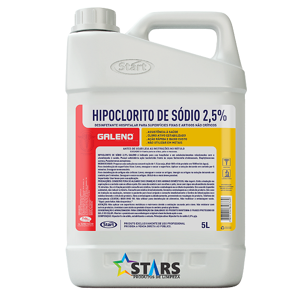 Hipoclorito de Sodio 2,5% 5L Desinfetante Hospitalar Galeno - Start