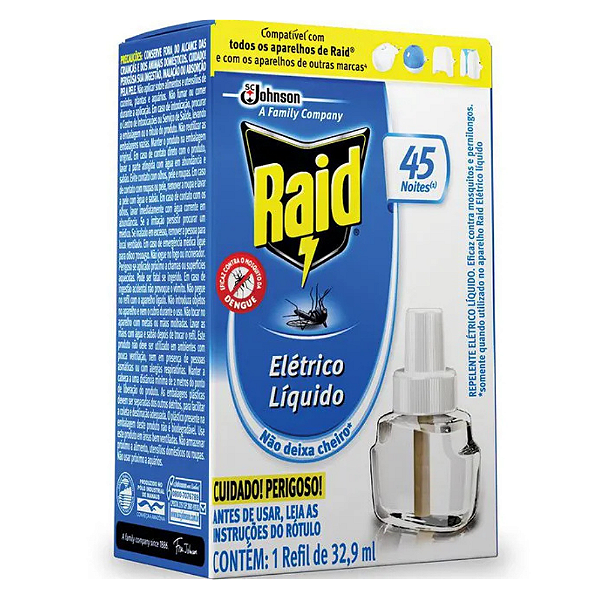 Refil Repelente Elétrico Líquido 45 Noites 32,9ml - Raid
