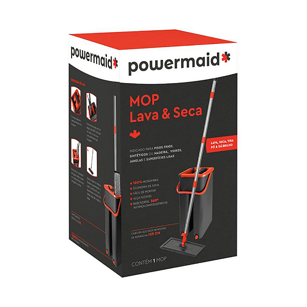 Mop Flat Mágico Lava e Seca com Balde 5 Litros - cinza/ Vermelho -Powermaid
