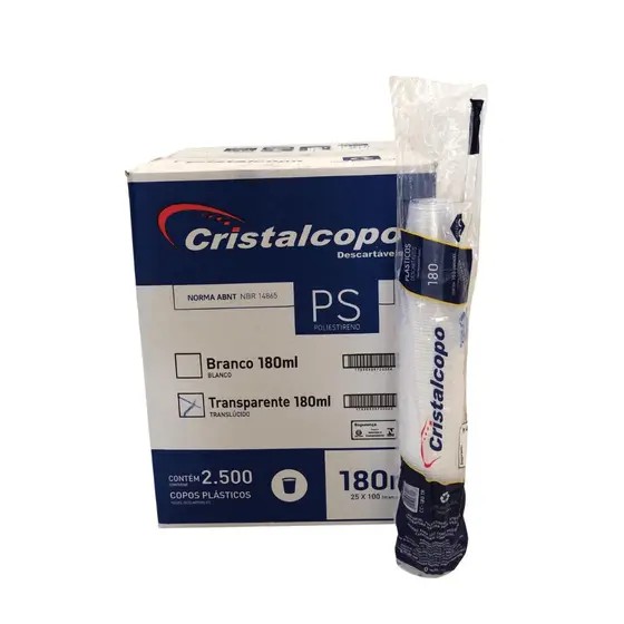 Copo descartavel cx 180 ml transp PS 1x2500 - Cristal