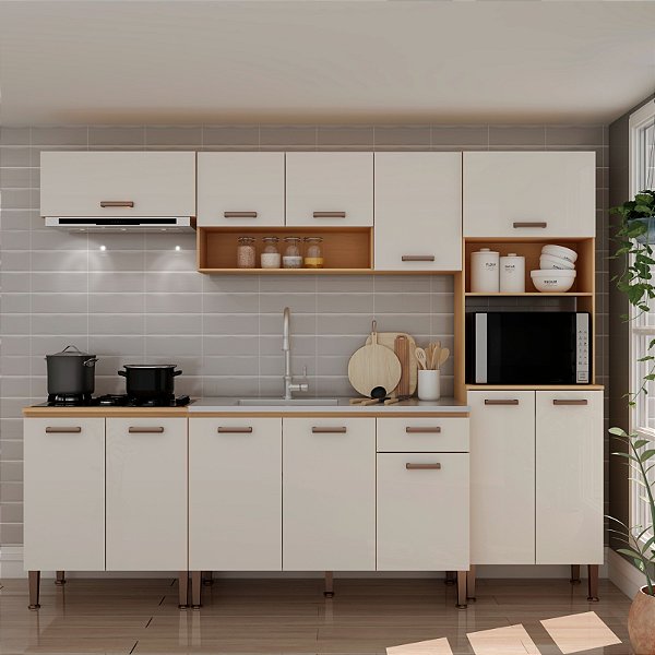 Cozinha Modulada Essência 01 Freijó/White Laka Brilho 100% MDF