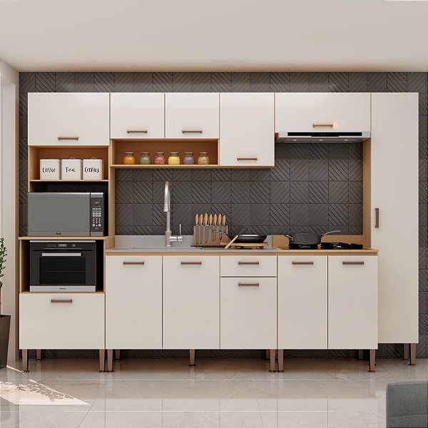 Cozinha Modulada Essência 02 Freijó/White Laka Brilho 100% MDF