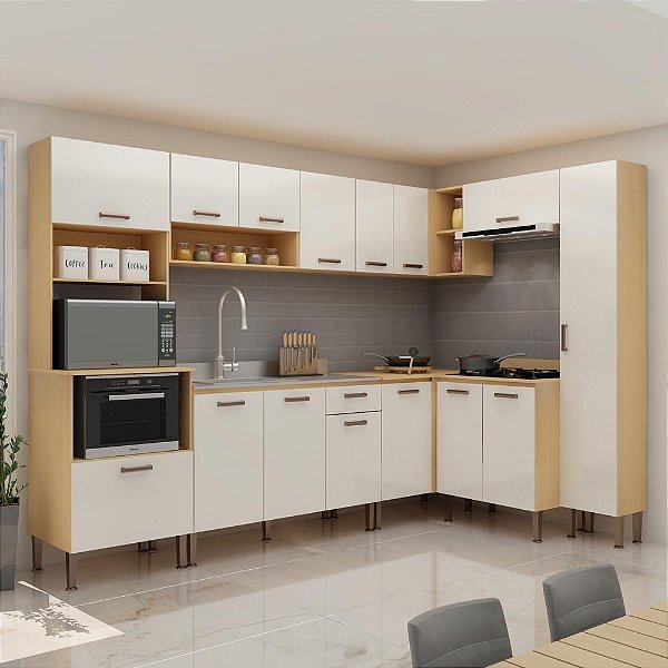 Cozinha Modulada Essência 03 Freijó/White Laka Brilho 100% MDF