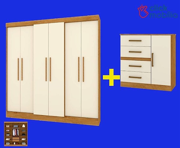 COMBO - Roupeiro Florida e Cômoda Malta Freijo/Off White