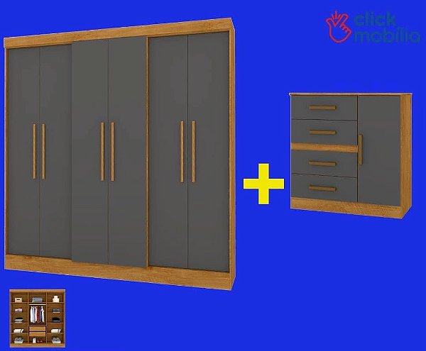 COMBO - Roupeiro Florida e Cômoda Malta Freijo/Grafite