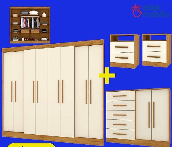 COMBO - Roupeiro Monaco, Cômoda Texas e 02 Mesas de Cabeiceiras Freijo/Off White