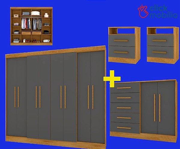 COMBO - Roupeiro Monaco, Cômoda Texas e 02 Mesas de Cabeiceiras Freijo/Grafite