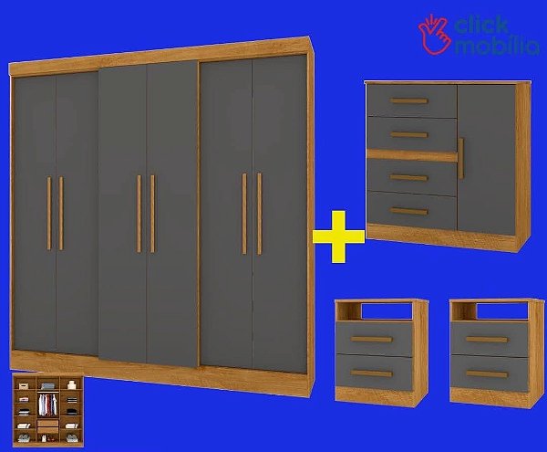 COMBO - Roupeiro Florida, Cômoda Malta e 02 Mesas de Cabeiceiras Freijo/Grafite