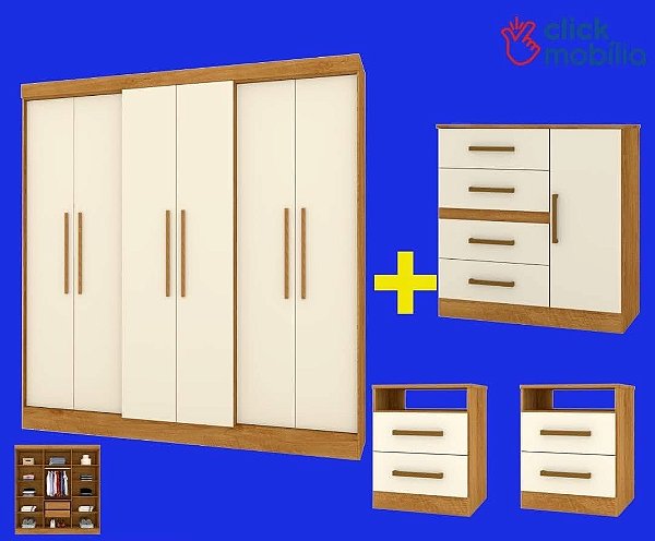 COMBO - Roupeiro Florida, Cômoda Malta e 02 Mesas de Cabeiceiras Freijo/Off White