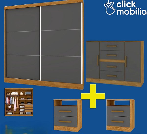 COMBO - Roupeiro Lisboa, Comoda Grecia e 02 Mesas de Cabeceiras Freijo/Grafite