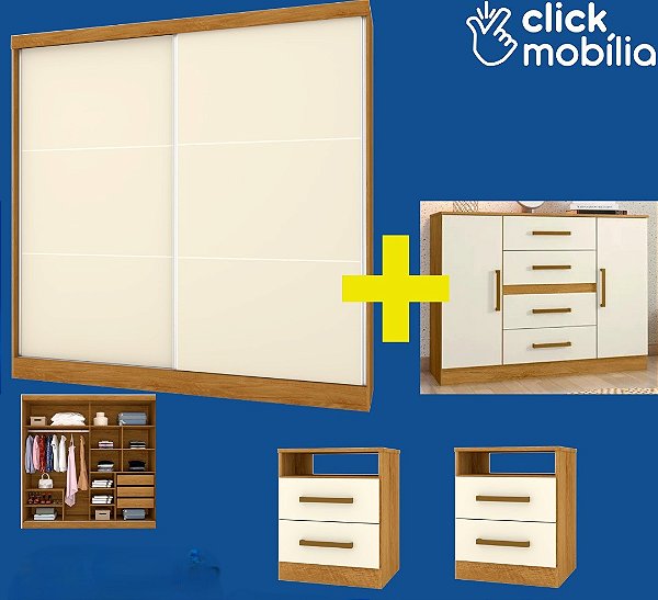 COMBO - Roupeiro Lisboa, Comoda Grecia e 02 Mesas de Cabeceiras Freijo/Off White