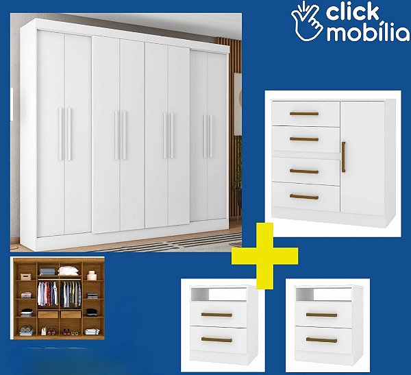 COMBO - Roupeiro Monaco, Comoda Malta e 02 Mesas de Cabeceiras Branca