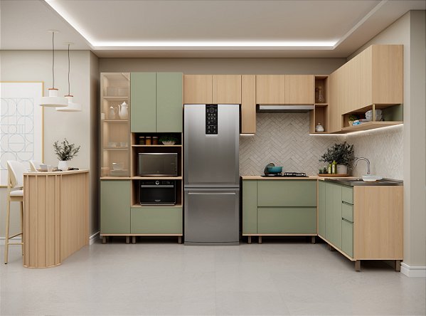 Cozinha Modulada Domus Carvalho/Verde 100% MDF