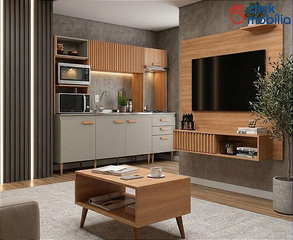 PACOTE- Cozinha Compacta, Painel e Mesa de Centro Freijo/Fume
