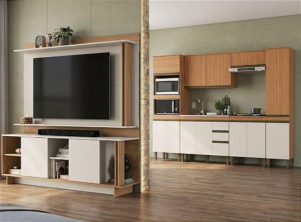 PACOTE- Cozinha Cecilia e Rack e Painel Freijo/Off White
