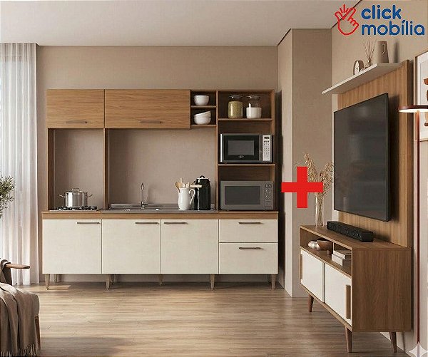 COMBO - Cozinha e Rack e Painel Freijo/Off White