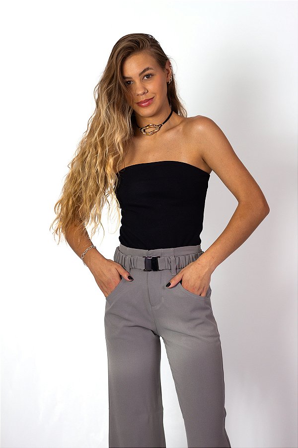 Calça Wide Leg Cinza com Cinto Vivian - Mini Moni