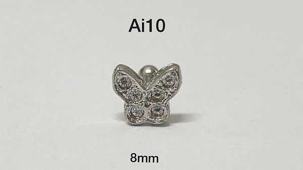 Tragus folheado borboleta haste em aço cirúrgico 8mm (bolinha 3mm)