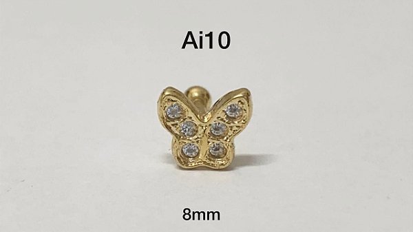 Tragus folheado dourado borboleta haste em aço cirúrgico 8mm (bolinha 3mm)