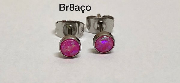 brinco aço pedra opala rosa