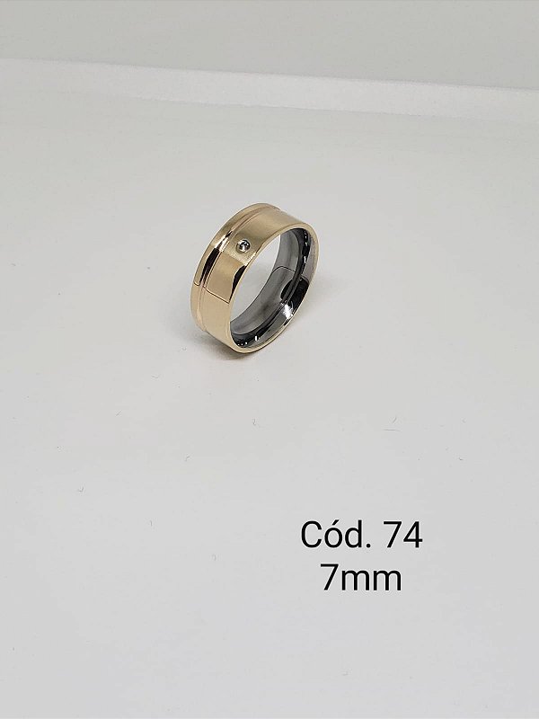 lisa em ouro 18k c/ base em aço c/ friso e pedra 7mm - reta