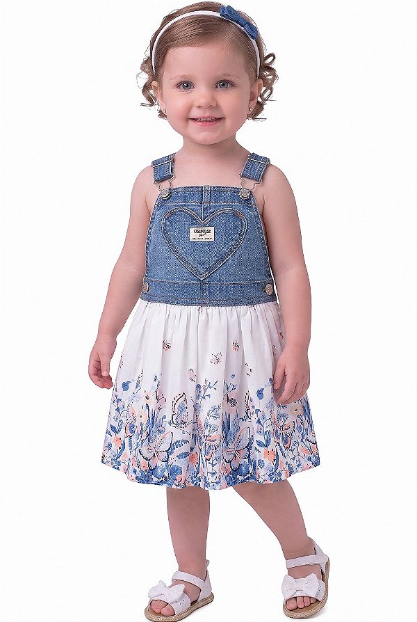 Jardineira Bebê OshKosh – Jeans com Saia Floral e Borboletas