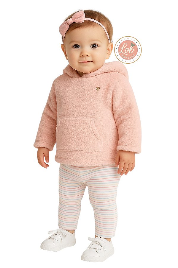 Conjunto Fleece Listrado Rosa Claro