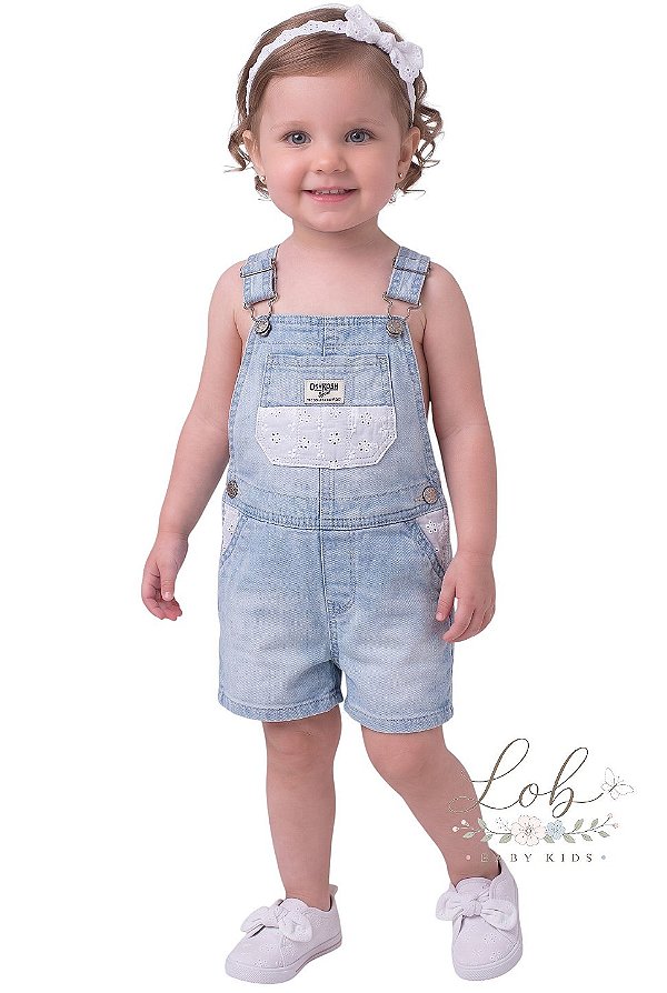 Jardineira Infantil OshKosh Jeans Claro com Detalhes em Laise